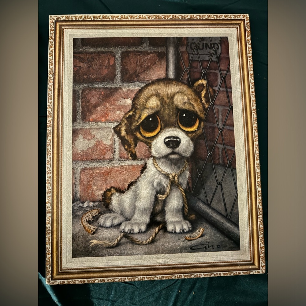 Vintage gig 1960s big eyed pity puppy art print on cork board